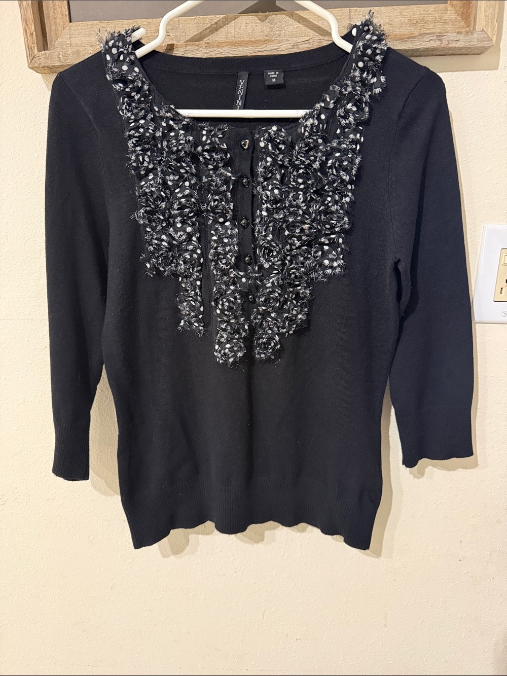 Venini Black Scoop Neck Sweater with Bouclé Beaded Yoke